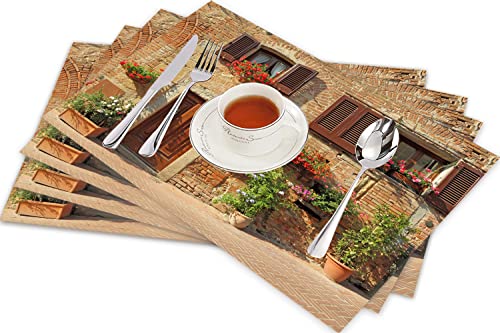 Tischsets für Esszimmer Küche Tisch 4er Set,Malerische Gasse mit mediterraner Architektur Blumen Italienische Stadt,Hitzebeständig Tischmatte Home Dekoration Abwaschbar Platzset von SHIVNAMI