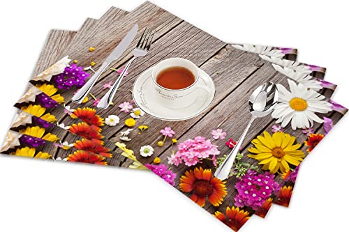Tischsets für Esszimmer Küche Tisch 4er Set,Sommergarten Blumen über Holz,Hitzebeständig Tischmatte Home Dekoration Abwaschbar Platzset von SHIVNAMI