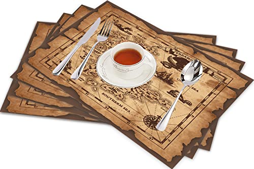 Tischsets für Esszimmer Küche Tisch 4er Set,Super detaillierte Schatzkarte Grungy Rustic Pirates Gold Secret Sea History Theme,,Hitzebeständig Tischmatte Home Dekoration Abwaschbar Platzset von SHIVNAMI