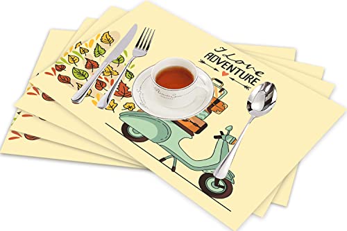 Tischsets für Esszimmer Küche Tisch 4er Set,Vespa-Vintage-Roller-Gepäck-Vintages italienisches italienisches Cooles Zeichen,Hitzebeständig Tischmatte Home Dekoration Abwaschbar Platzset von SHIVNAMI