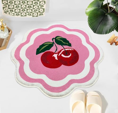 SHIYUE Niedliche Badematte in Kirschform, ultraweich und flauschig, Mikrofaser, wasserabsorbierend, rutschfeste Matte für Schlafzimmer, Badezimmerteppich, Dekoration (61 x 61 cm, Rosa) von SHIYUE