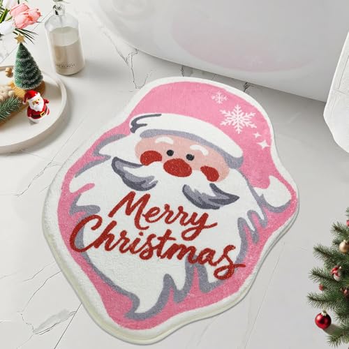 SHIYUE Weihnachts-Badematte, Frohe Weihnachten, Badezimmerteppich, super weich, saugfähig, rutschfest, Urlaubsdekoration (53,3 x 63,5 cm, rosa Weihnachtsmann) von SHIYUE