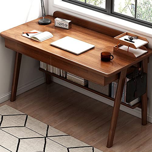 Schreibtisch Home Office Workstation Computertisch Mid-Century Moderner Walnuss-Schreibtisch mit 2 Schubladen und Regalen (119,9 cm, Walnuss) von SHJDBF
