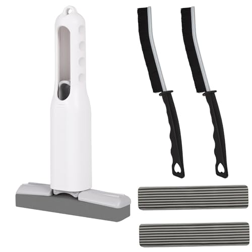 Mini Schwamm Mopp, Portable Squeeze Mop, Eckenreinigungsbürste, Crevice Cleaning Brush, Reinigungsset für Badezimmer, Küche, Glas (1 Quetschgriff+3 Moppkopf+2 Eckenreinigungsbürste) von SHMLY