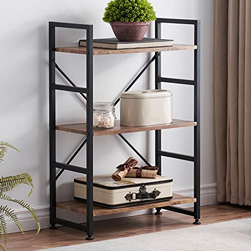 SHOCOKO Industrielles Bücherregal für kleinen Raum, 3 Ebenen Holz Bücherregal und Bücherregal mit Metallrahmen, Rustikales Standregal Display Rack für Wohnzimmer/Home Office, Vintage Braun von SHOCOKO