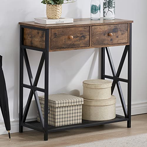 SHOCOKO Narrow Console Table with 2 Drawers, Industrial Wood Sofa Tables for Living Room, Rustic Entryway Hallway Table with Open Shelf, Vintage Brown von SHOCOKO
