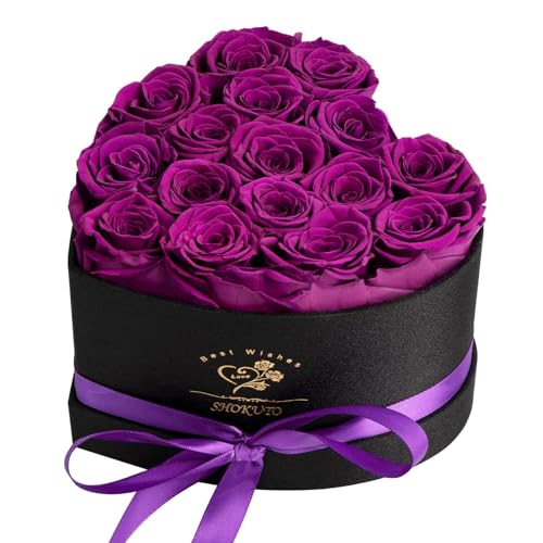 SHOKUTO 16 Stück Ewige Rosen in Herzbox - 100% Echte Rosen - Ewige Blumen-Geschenkbox Geschenke für Frauen zum Valentinstag, Muttertag, Weihnachten, Geburtstag, Hochzeitstag (PUR) von SHOKUTO