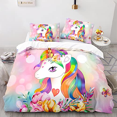 SHOMEY Bettwäsche 155x220 Cartoon Einhorn Anzug Mädchen Bettbezug Weiche Atmungsaktive Hypoallergen Bettwasche Set und 2 Kissenbezug 80x80 cm mit Reißverschluss von SHOMEY