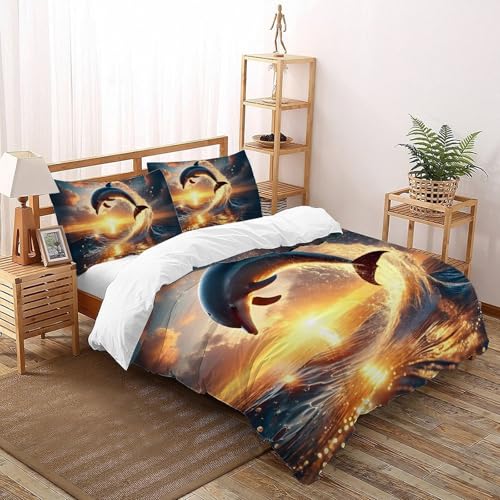 SHOVERKD Springen Delphin Steppbrett Set 3D Effekt Ozean Wild Marine Tiere Für Teens, Mikrofaser Polyester Mit Verstecktem Reißverschluss 3-Teilig Inkl. Kissenbezug Double（200x200cm） von SHOVERKD