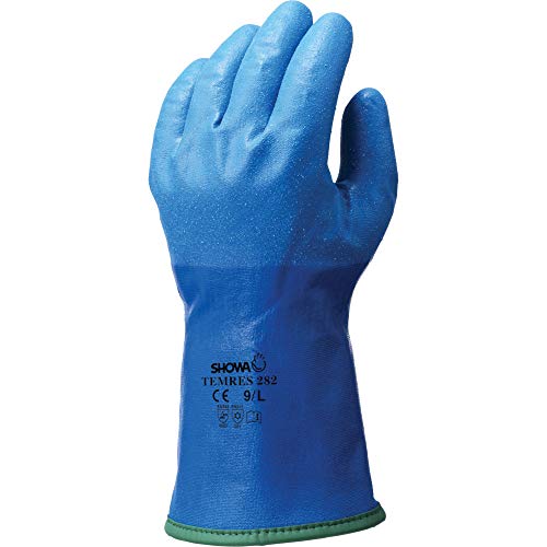 SHOWA Temres 282L Nylon/Acryl Trägergewebe Mehrzweckhandschuh mit komplett mikroventiliert atmungsaktiver Polyurethanbeschichtung und mikroangerauter Nitrilschicht an Fingerspitzen, L, Blau von SHOWA