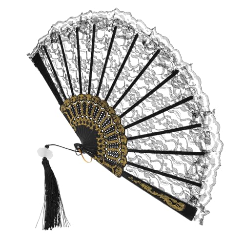 SHOWERORO Eleganter Faltbarer Spitzen-handfächer mit Quaste Stabiler Handfächer für Hochzeit Party Tanz und DIY Wanddekoration Schwarzer Vintage Spitzenfächer für Damen von SHOWERORO