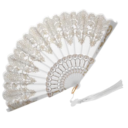 SHOWERORO Eleganter Vintage Faltfächer mit Besticktem Blumenmuster und Goldener Quaste Handlicher Faltbarer Handventilator für Frauen für Hochzeit Tanzparty und Dekoration von SHOWERORO