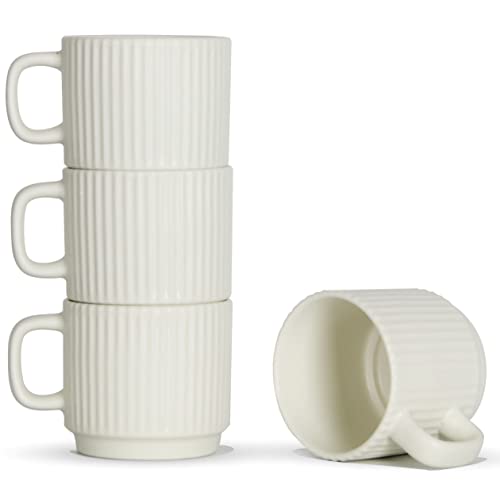 SHOWFULL Stapelbare Kaffeetassen, 4er-Set, 200 ml, Espresso-Keramik-Tassen für Latte, Cappuccino, Kakao mit Griff, Weiß von SHOWFULL