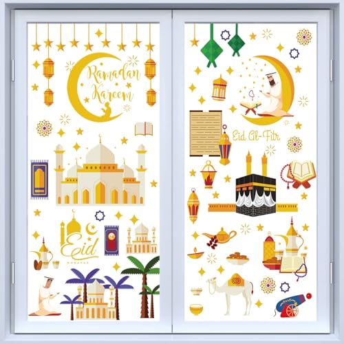 Ramadan Fensterbilder, 9 Stück Eid Mubarak Fensterbilder, Eid Mubarak Selbstklebend Ramadan Sticker Aufkleber Fensterdeko, Stern Halbmond Ramadan Dekorationen für Muslim Eid Mubarak Party von SHOWHEEL