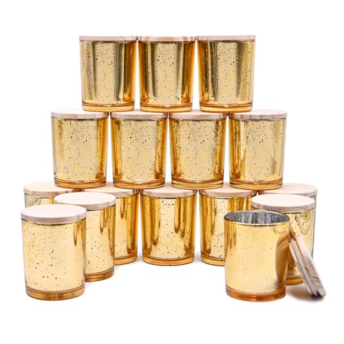 SHOWIN Dicke Kerzengläser zur Herstellung von Kerzen, 16 Stück, 200 ml, leere Gläser mit Holzdeckel für die Kerzenherstellung, Probenbehälter – spülmaschinenfest, gesprenkeltes Gold von SHOWIN