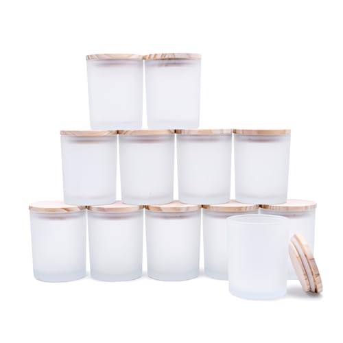 SHOWIN Dicke Kerzengläser zur Herstellung von Kerzen, 12 Stück, transparent, leere Gläser mit Holzdeckel, für Gewürzgläser, Probenbehälter, spülmaschinenfest, mattes Weiß von SHOWIN
