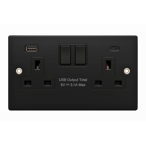SHP ELECTRICAL Ultramatt-schwarzes Metall, 13 A, 2-Gang-Steckdose mit 2 USB-Anschlüssen (Typ A und C) von SHPELEC