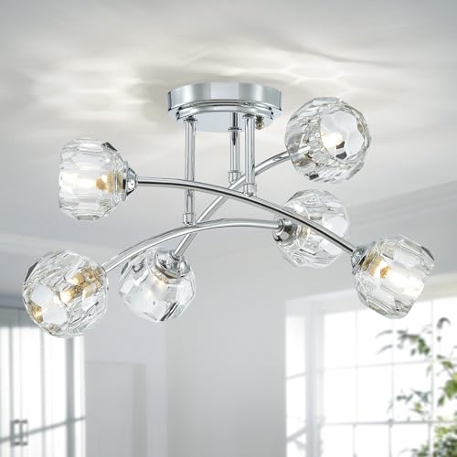 SHRINE LIGHTING Crystal Chandelier, Semi-Flush Mounted Ceiling Light for Living Room, G9 Base 6 Lights, D41 x H 25 cm, Clear Crystal & Chrome Finish Metal Frame von SHRINE