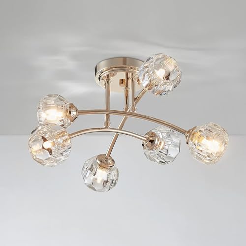 SHRINE LIGHTING Kristall-Kronleuchter, Halb-Einbau-Deckenleuchte für Wohnraum, G9-Basis 6-Lichter, D41 x H25cm, klares Kristall & glänzendes Gold-Finish Metallrahmen von SHRINE