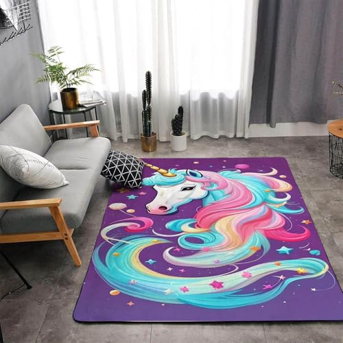 SHROUDEX Einhorn Kinderteppich Mädchen Einhorn Regenbogen Pferd Flanell Teppich kurzflor Spielteppich Kinderzimmer Teppich rosa Creme für Schlafzimmer Spielzimmer (4,120x160cm) von SHROUDEX
