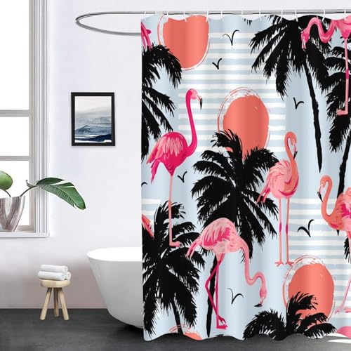 SHROUDEX Flamingo Duschvorhang Tropisch Palme Grüne Blätter Duschvorhänge 180x180 Flamingos Shower Curtains Wasserdicht Flamingo Duschvorhänge Pink 180x200 Textil (4,180 x 200 cm) von SHROUDEX