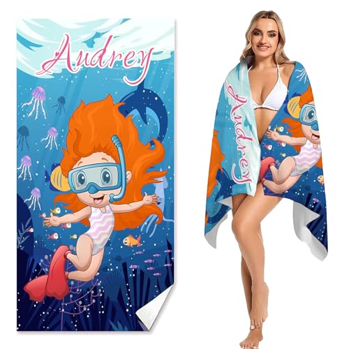 SHROUDEX Personalisiertes Strandtuch Badetuch mit Namen, Cartoon-Mädchen personalisiertes Handtuch, Unterwasserwelt Mikrofaser Strandtuch für Kinder Mädchen Jungen (A,70x140cm) von SHROUDEX