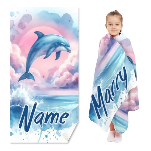 SHROUDEX Personalisiertes Strandtuch mit Namen Delfin Strandtücher, Badetuch Handtücher mit Namen, Mikrofaser Strandtuch Groß 80x160 cm für Mädchen Kinder Strand (A,80x160cm) von SHROUDEX