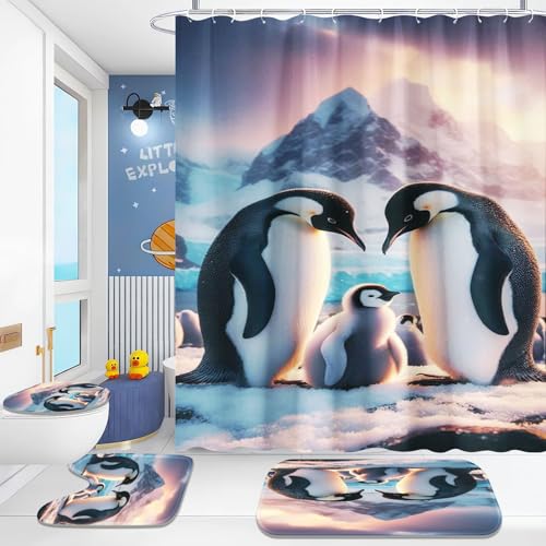 SHROUDEX Pinguin Duschvorhang 120x200cm, 3D Süßer Pinguin Kinder Badvorhang Wasserdichtes Polyester Funny Penguins Duschvorhang Badezimmermatte 4-teiliges Set (6,180x200cm) von SHROUDEX