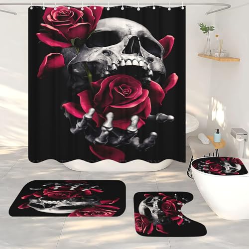 SHROUDEX Totenkopf-Badezimmer-Duschvorhang, Rose Schädel Muster Gothic Duschvorhang-Set, Totenkopf Duschvorhang 180x200 180x180 Schädel Muster Gothic Duschvorhänge (6,180 x 200 cm) von SHROUDEX