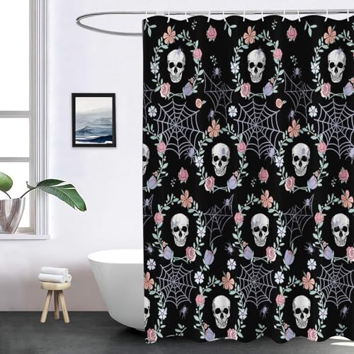 SHROUDEX Totenkopf Duschvorhang 180x180cm, Blumen Rose Halloween Totenkopf Duschvorhang, 3D Scary Skull Totenkopf Muster Duschvorhänge Set 12 Haken (1,200 x 240 cm) von SHROUDEX