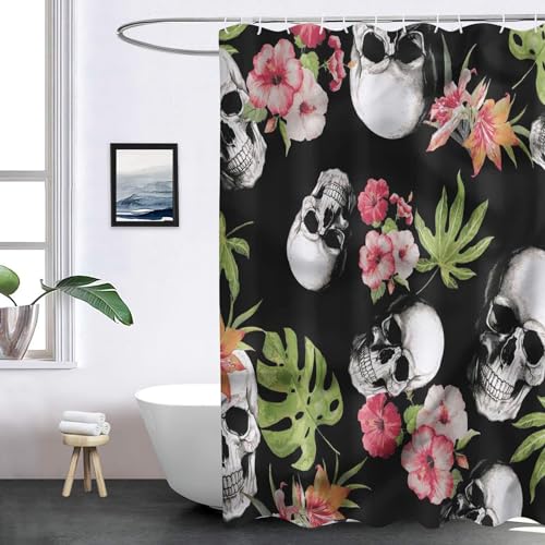 SHROUDEX Totenkopf Duschvorhang 180x180cm, Blumen Rose Halloween Totenkopf Duschvorhang, 3D Scary Skull Totenkopf Muster Duschvorhänge Set 12 Haken (5,180 x 200 cm) von SHROUDEX