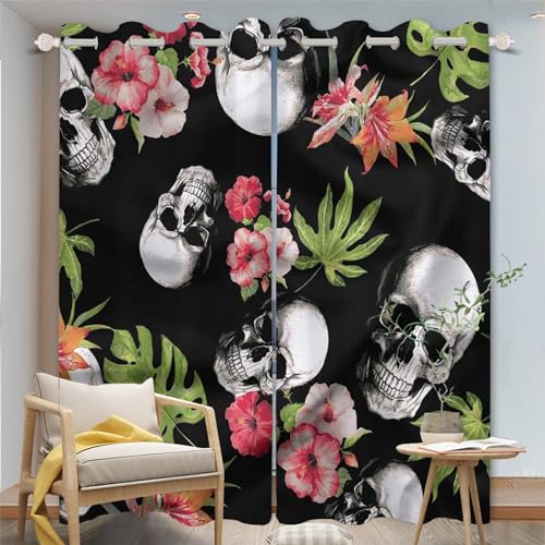 SHROUDEX Totenkopf Schwarz Horror Blickdichte Gardinen Verdunkelungsvorhang, Gothic Vorhänge Skull 3D Verdunkelungsvorhäng Totenkopf 2er Set Gardinen Mit Ösen (5,183×160BxH (91.5×160cm×2)) von SHROUDEX