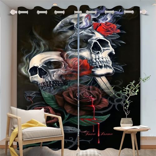 SHROUDEX Totenkopf Schwarz Horror Blickdichte Gardinen Verdunkelungsvorhang, Gothic Vorhänge Skull 3D Verdunkelungsvorhäng Totenkopf 2er Set Gardinen Mit Ösen (8,280×245BxH (140×245cm×2)) von SHROUDEX