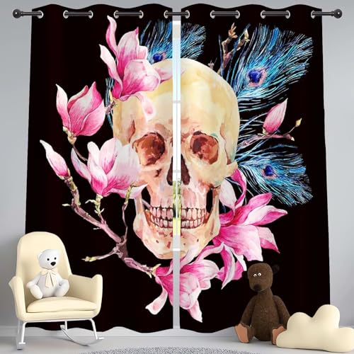 SHROUDEX Totenkopf Verdunkelungsvorhang Schädel Rosen Gothic Vorhänge Blickdicht Totenkopf Gardinen Mit Ösen Für Schlafzimmer Wohnzimmer (2,280×245BxH (140×245cm×2)) von SHROUDEX