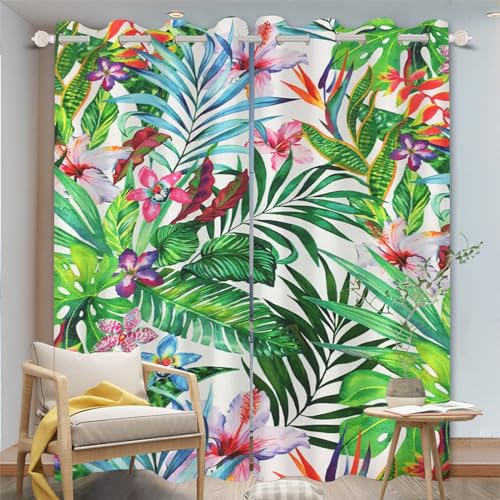 SHROUDEX Tropische Pflanzen Vorhänge Blickdicht Palmblätter Gardinen, Tropische Pflanzen Verdunkelungsvorhänge, Monstera Vorhang Mit Ösen Für Schlafzimmer (5,183×160BxH (91.5×160cm×2)) von SHROUDEX
