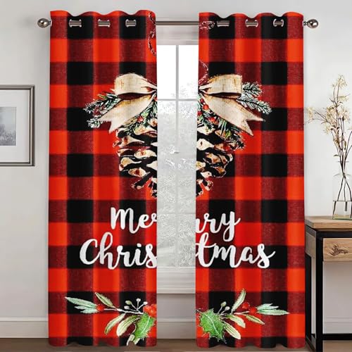 SHROUDEX Weihnachten Vorhänge, Xmas Baum Rot Weihnachten Fenstervorhang Rot kariert Vorhänge Mit Ösen für Schlafzimmer Wohnzimmer Kinderzimmer Fensterdekoration (4,183x160cm(2x91x160cm)) von SHROUDEX