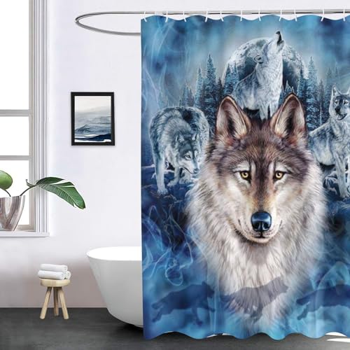 SHROUDEX Wolf Duschvorhang 180x180 180x200 Textil, Waldtiere Wolf Shower Curtains & 12 Duschvorhänge Ringe, Tier Wolf Duschvorhänge Für Badzimmer (3,180 x 180 cm) von SHROUDEX