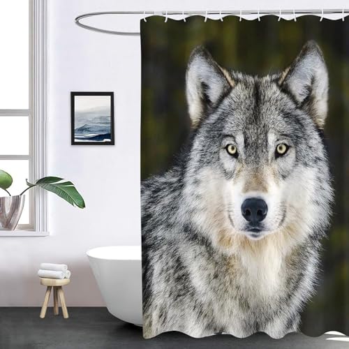 SHROUDEX Wolf Duschvorhang 180x180 180x200 Textil, Waldtiere Wolf Shower Curtains & 12 Duschvorhänge Ringe, Tier Wolf Duschvorhänge Für Badzimmer (4,200 x 240 cm) von SHROUDEX