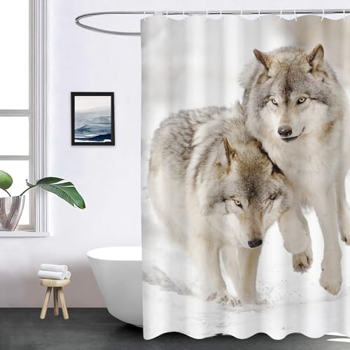 SHROUDEX Wolf Duschvorhang 180x180 180x200 Textil, Waldtiere Wolf Shower Curtains & 12 Duschvorhänge Ringe, Tier Wolf Duschvorhänge Für Badzimmer (6,120 x 200 cm) von SHROUDEX