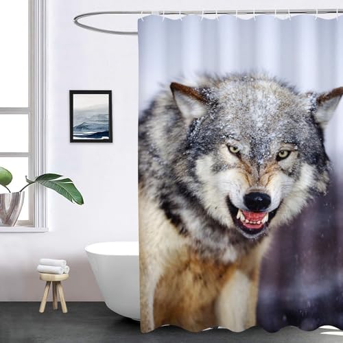 SHROUDEX Wolf Duschvorhang 180x180 180x200 Textil, Waldtiere Wolf Shower Curtains & 12 Duschvorhänge Ringe, Tier Wolf Duschvorhänge Für Badzimmer (7,200 x 200 cm) von SHROUDEX