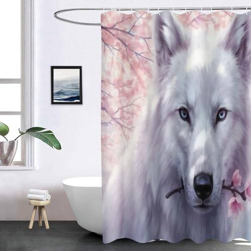 SHROUDEX Wolf Duschvorhang 180x180 Wölfe Textil Wald Tier Duschvorhänge Set Tier Motiv Duschvorhang Wasserdicht Stoff Wolf Tiere Shower Curtains (2,120 x 200 cm) von SHROUDEX