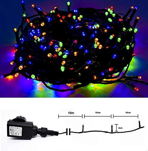 SHS LED Lichterkette für Innen & Außen - LED 200BUNT - grünes Kabel - 10m Zuleitung - Trafo IP44 DEKRA GS-geprüft von SHS