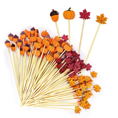 SHSMPXOY 100 Stück Ahornblatt Kürbis Haselnüsse Cocktailspieße Hölzerne Cocktail Zahnstocher Lange Cocktail Picks Herbst Erntedankfest Party spieße Cocktail Sticks für Essen & Trinken Dekoration von SHSMPXOY