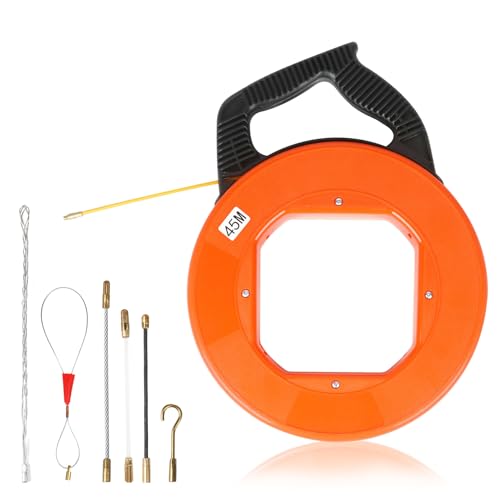 Kabeleinziehhilfe 45 M, 4mm Einziehspirale, Einziehfeder, Zugdraht für Leerrohre mit 6 Adapter, Kabelziehhilfe mit Kunststoffgehäuse und Handgriff, Einzugshilfe Kabel für Elektroarbeiten. von SHTALHST
