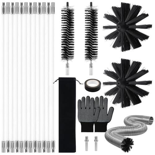 Kaminbürste Stange Set, Ofenrohrbürste, Schornsteinfeger Bürste Set mit 12 Flexiblen Stäben+2 15CM-Bürstenköpfen+2 Trockner-Fusselbürsten+ Zubehör, für Kamin, Entlüftung, Abwasserrohr von SHTALHST