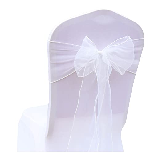 SHTGOI 10 Stück Organza Stuhl Schärpen Schleifen Bänder Stuhlhusse Tüll Stuhlschleifen Stuhlschärpe für Hochzeit Geburtstag Party Empfang Bankette Dekoration 18 x 275 cm Weiss von SHTGOI