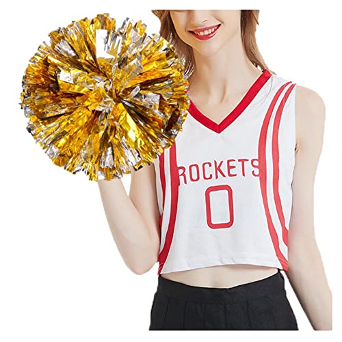 SHTGOI 2 Stück Cheerleading Pompons Metallfolie Cheerleading Pom Poms mit Ring Cheerleader Handblumen Cheers Blumenball für Sportveranstaltungen Ballspiele Tänze Karnevalspartys Gold+Silber von SHTGOI