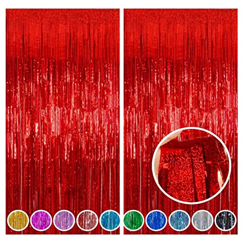 SHTGOI 2 Stück Lametta Vorhang Metallische Lametta Vorhänge Glitzer Tinsel Curtain Folienfransen Vorhang Regenvorhang Dekoration für Geburtstag Hochzeit Hintergrund Bühnendekor 1x4m Rot von SHTGOI