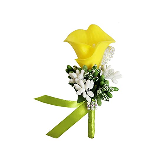 SHTGOI Calla Lily Boutonniere Künstlicher Blumenstrauß Strass Brosche Handgefertigte Ansteckblume mit Sicherheitsnadel Blume Corsagen Hochzeit Zubehör für Braut Bräutigam Gans Gelb von SHTGOI