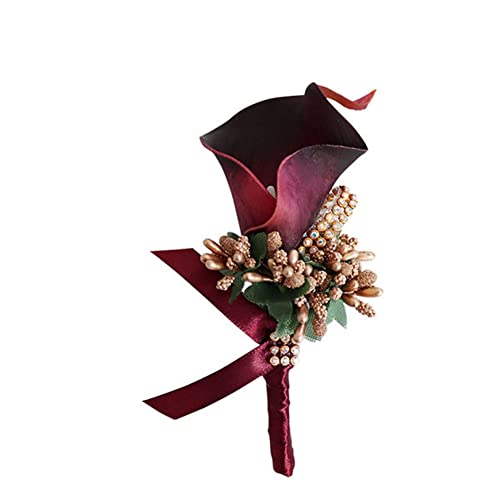 SHTGOI Calla Lily Boutonniere Künstlicher Blumenstrauß Strass Brosche Handgefertigte Ansteckblume mit Sicherheitsnadel Blume Corsagen Hochzeit Zubehör für Braut Bräutigam Rotwein von SHTGOI